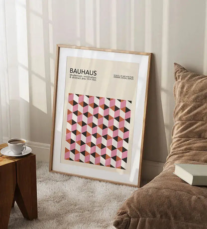 A framed decorbites™ geometric bauhaus canvas print with pink black and beige tones for a modern home decor