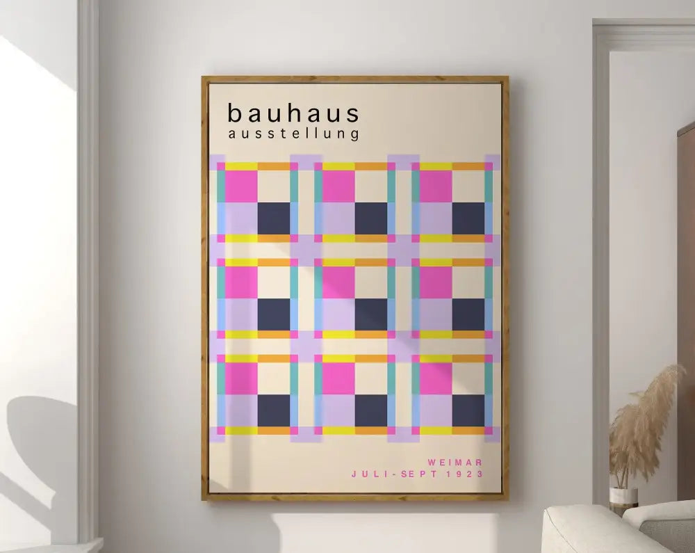 A framed DecorBites™ geometric canvas print with pink navy blue yellow and teal squares for a modern home