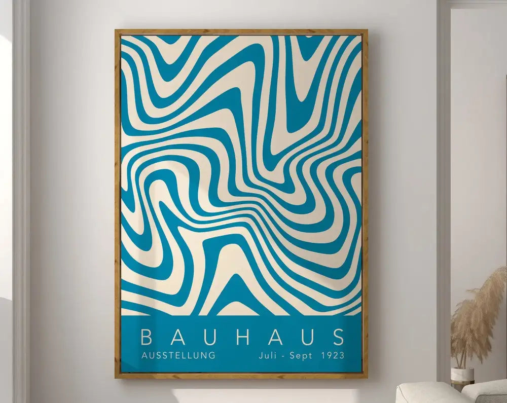Decorbites™ geometric bauhaus canvas print featuring bold blue and white wavy lines with minimalist bauhaus design