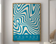 Decorbites™ geometric bauhaus canvas print featuring bold blue and white wavy lines with minimalist bauhaus design