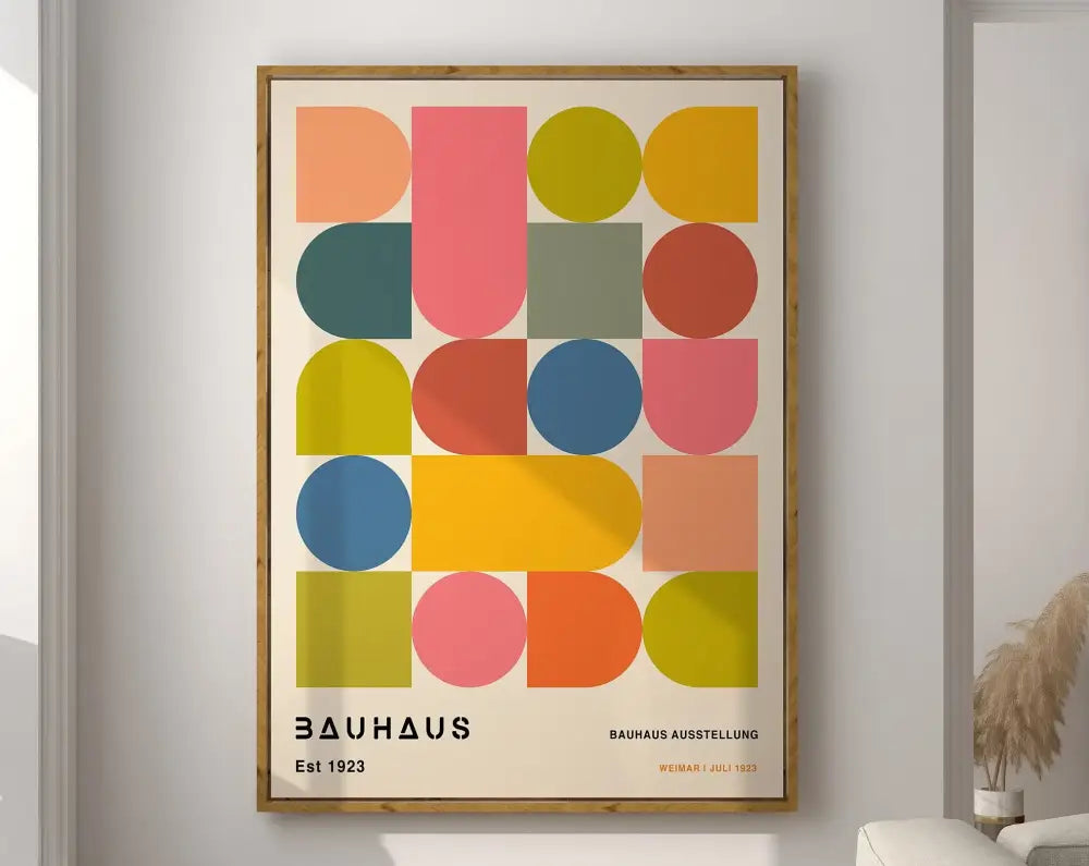 A framed DecorBites™ geometric bauhaus canvas print with vibrant overlapping circles and rectangles in retro colors
