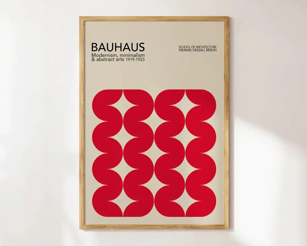 Minimalist geometric bauhaus canvas poster with bold red waves in light wood frame for modernist decor