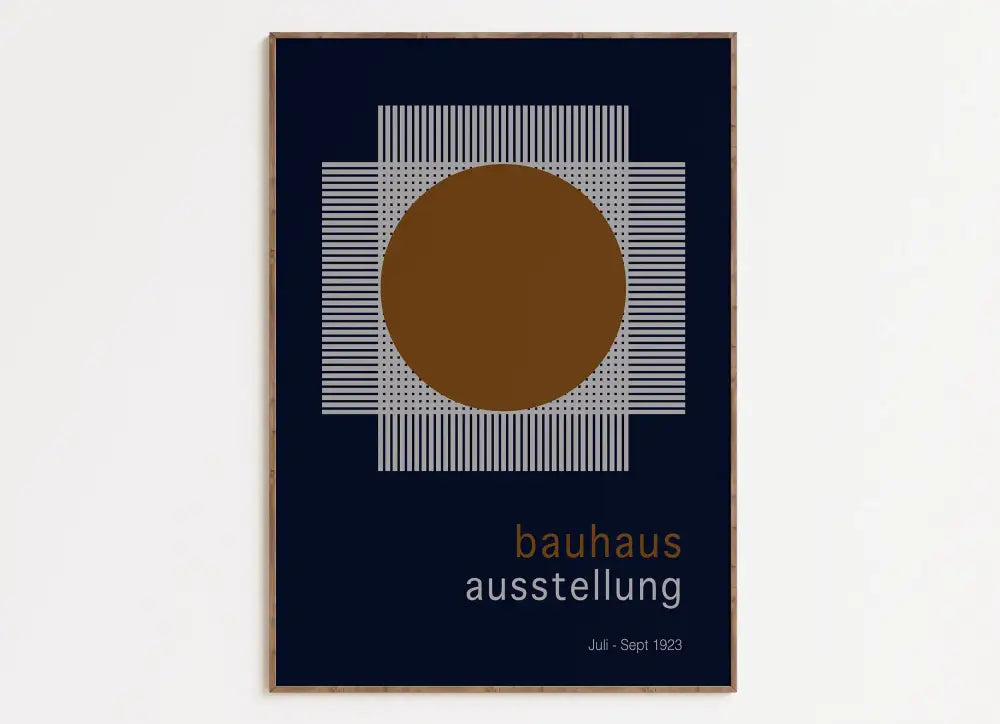 Decorbites™ geometric bauhaus canvas prints featuring a bold brown circle on deep navy wall art for bright decor