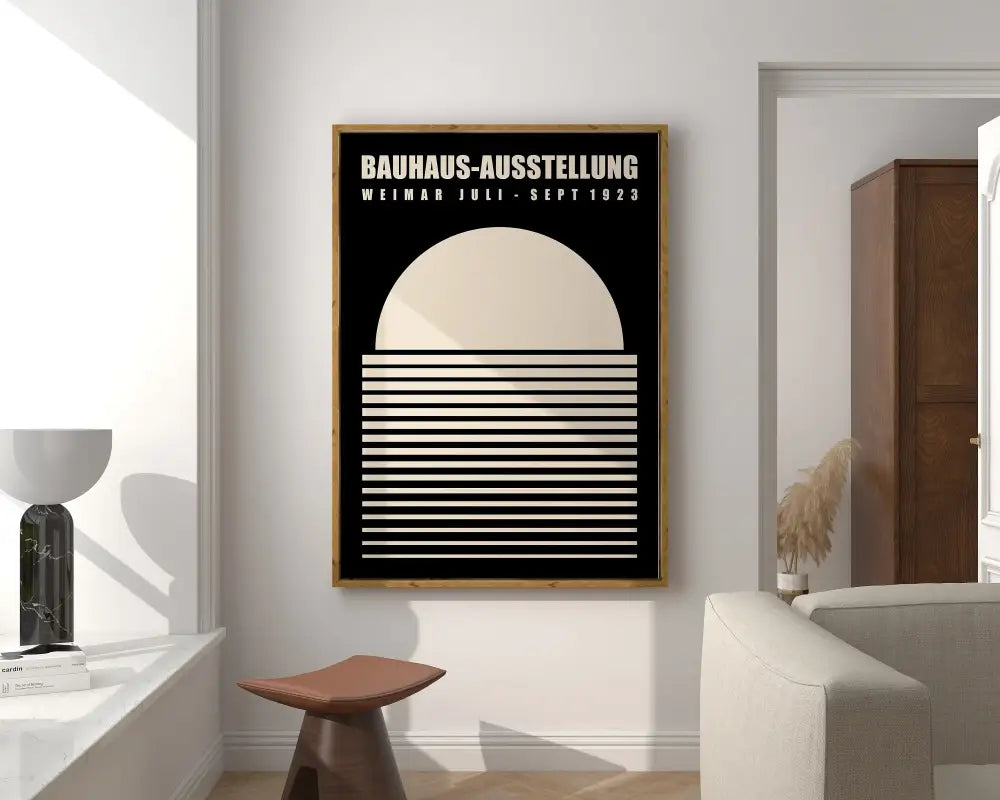 Decorbites™ geometric bauhaus canvas print in black and white with bold geometric design in light wood frame for home decor