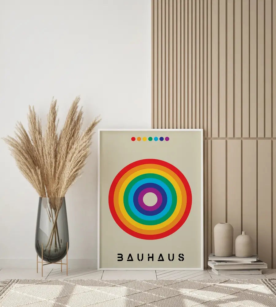A framed decorbites™ geometric bauhaus canvas print featuring vibrant rainbow circles and bauhaus text for home decor