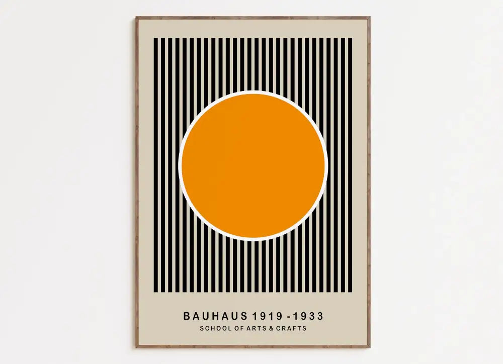 Minimalist decorbites™ geometric bauhaus canvas print with bold orange circle and black stripes on beige background
