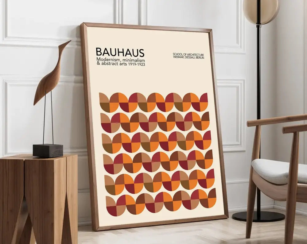 A framed DecorBites™ geometric bauhaus canvas wall art featuring overlapping orange and brown circles on off-white background