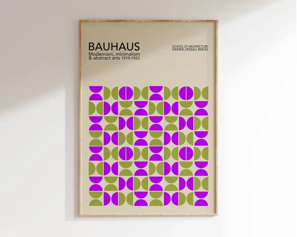 A framed DecorBites™ geometric bauhaus canvas wall art with purple and olive green half-circles on off-white background