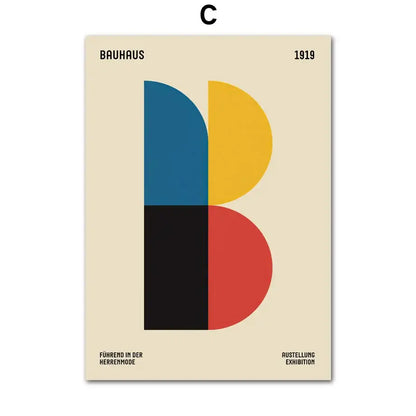 Beige art canvas from decorbites featuring a bold geometric pop art letter b in teal yellow black and red semicircles