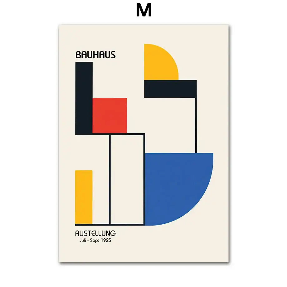 Cream-colored bauhaus-style decorbites pop art canvas print featuring bold black red yellow and blue geometric shapes
