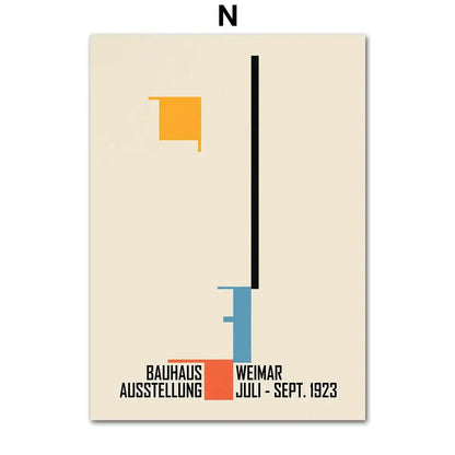 DecorBites™ geometric bauhaus pop art canvas print with bold orange black and blue shapes on cream art canvas background