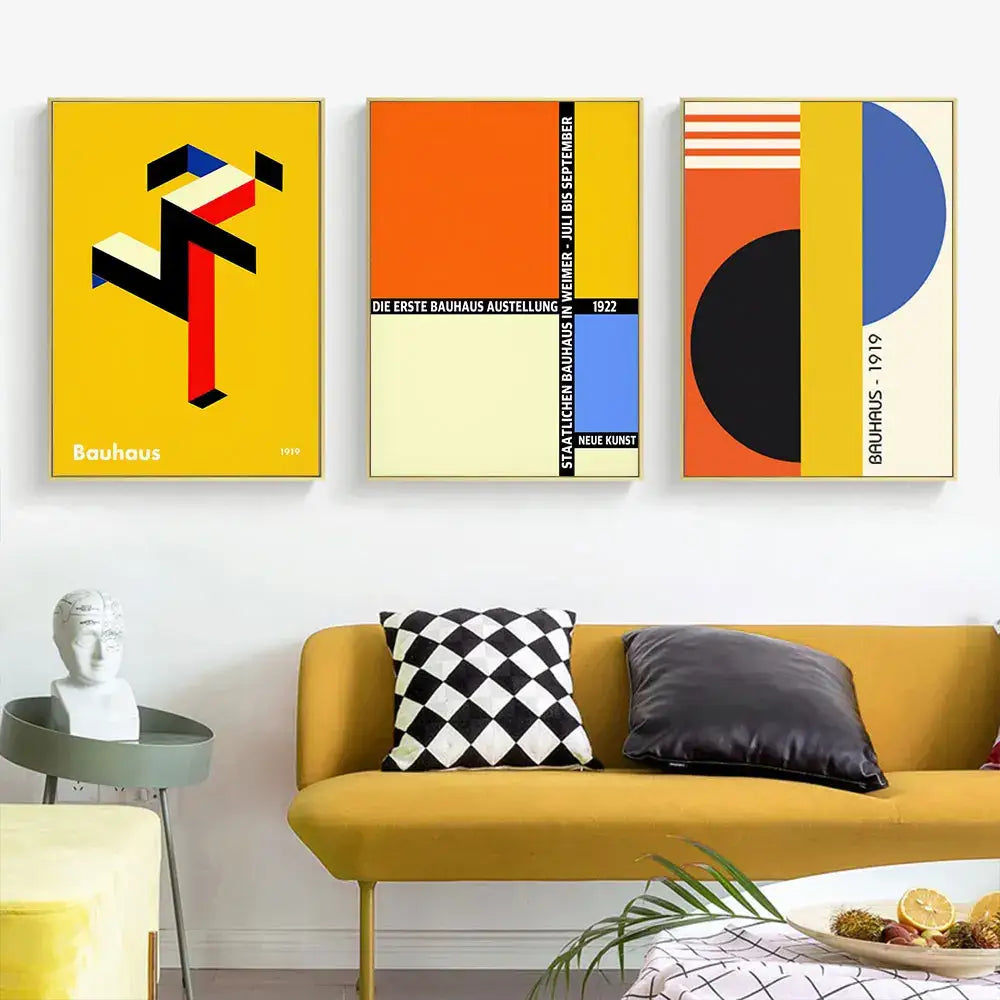 Set of three decorbites™ geometric bauhaus pop art canvas prints with bold shapes and primary colors in white frames