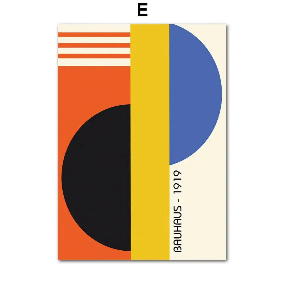 Decorbites™ geometric bauhaus pop art canvas featuring vibrant orange black blue yellow shapes on cream background
