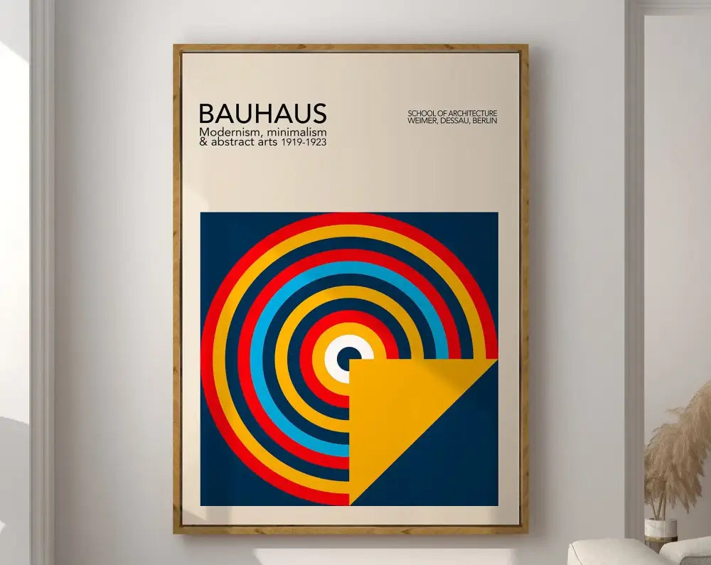 Framed decorbites™ geometric canvas poster with bold red yellow and blue concentric circles on navy background