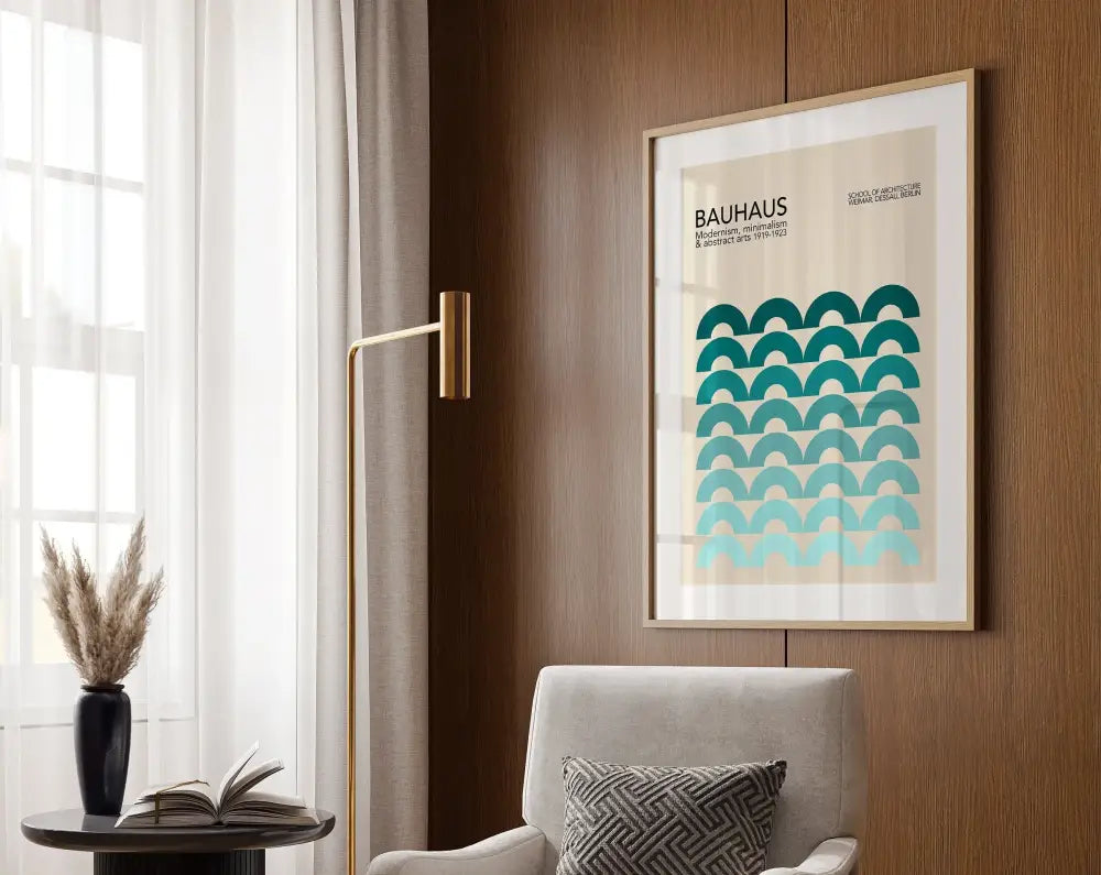 A framed decorbites™ geometric canvas poster with teal and light blue wave patterns on cream background in gold frame