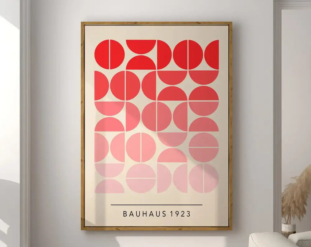 Decorbites™ geometric canvas poster with red and pink semi-circle pattern in light wood frame wall art for mid century decor