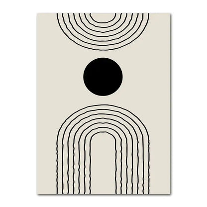 Beige boho canvas wall art featuring black concentric arches and a central circle from decorbites geometric leaf rainbow series