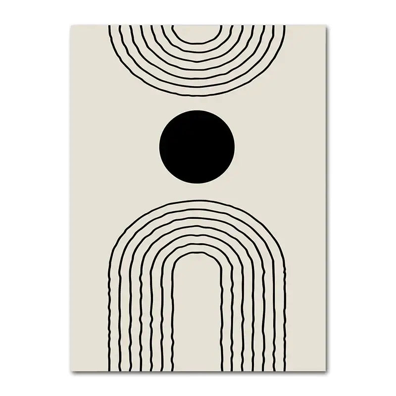 Beige boho canvas wall art featuring black concentric arches and a central circle from decorbites geometric leaf rainbow series