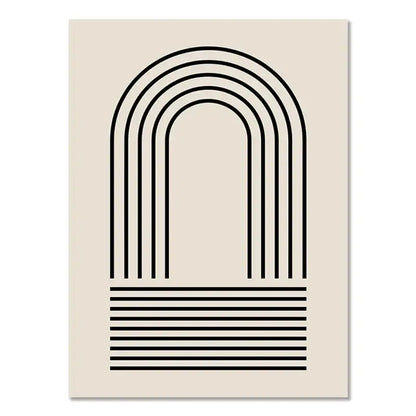 Beige abstract boho canvas featuring concentric black arches and horizontal lines in geometric leaf rainbow style