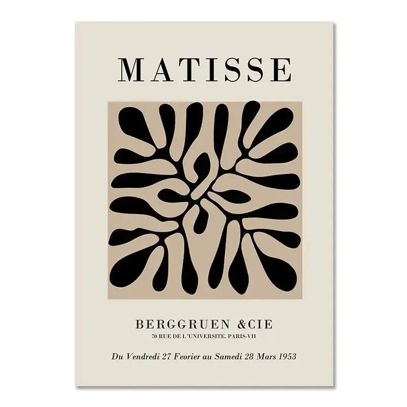 Beige boho canvas wall art with bold black geometric leaf abstract floral design by matisse for paris exhibition use