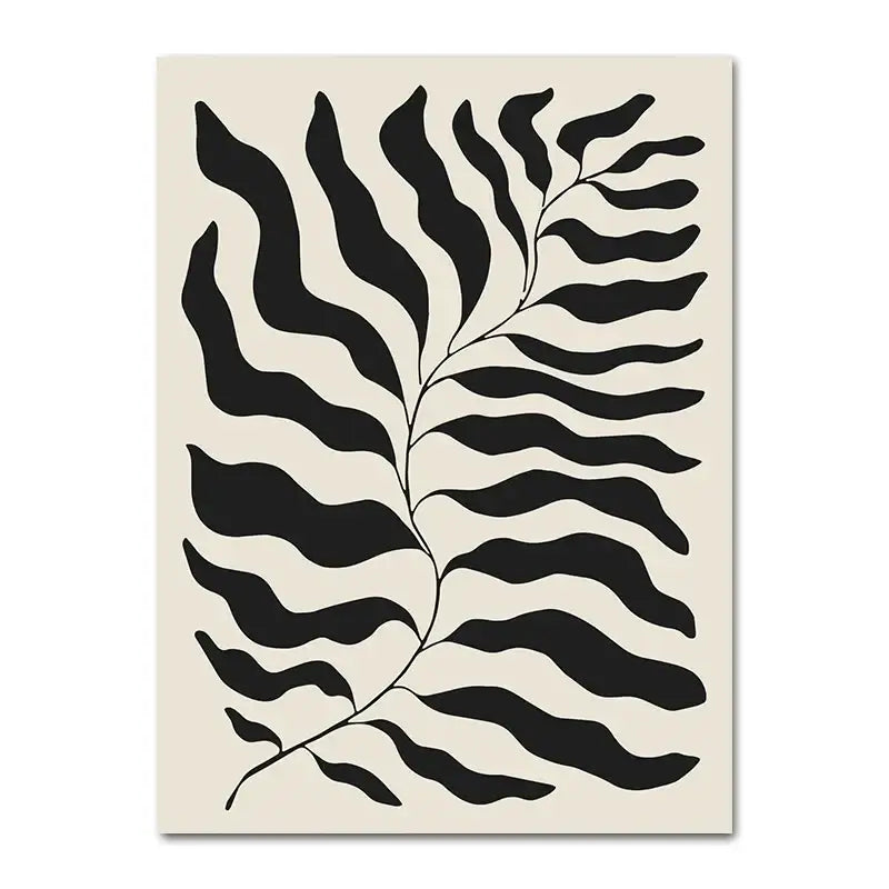 DecorBites™ boho canvas wall art featuring a black stylized geometric leaf design on a cream-colored background