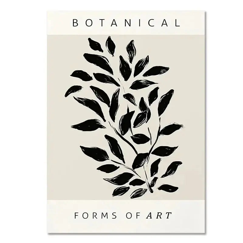 Botanical branch boho canvas wall art with black brushstroke geometric leaf design on beige background by decorbites
