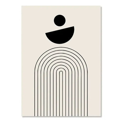 DecorBites™ boho canvas wall art with minimalist abstract human figure and geometric leaf rainbow design on off-white background
