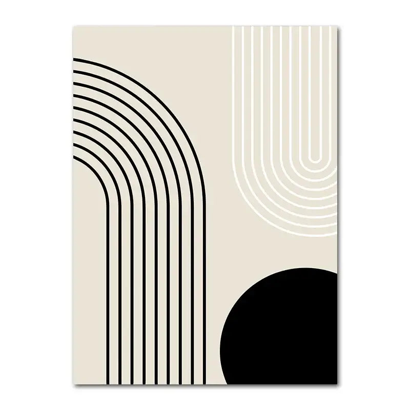 Decorbites™ geometric leaf rainbow boho canvas wall art with minimalist black curved lines and circle on off-white background