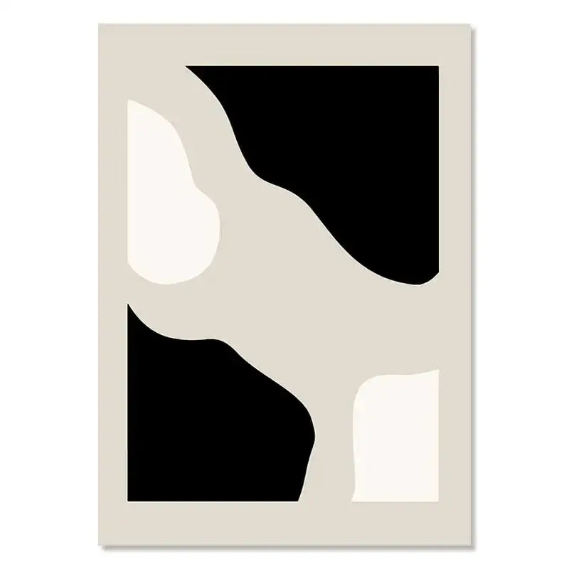 Modern abstract boho canvas wall art featuring bold black and off-white geometric leaf shapes on a beige background