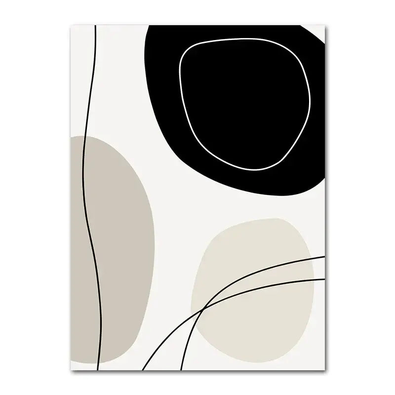 Modern abstract boho canvas wall art featuring geometric leaf rainbow design with bold black beige and off-white shapes