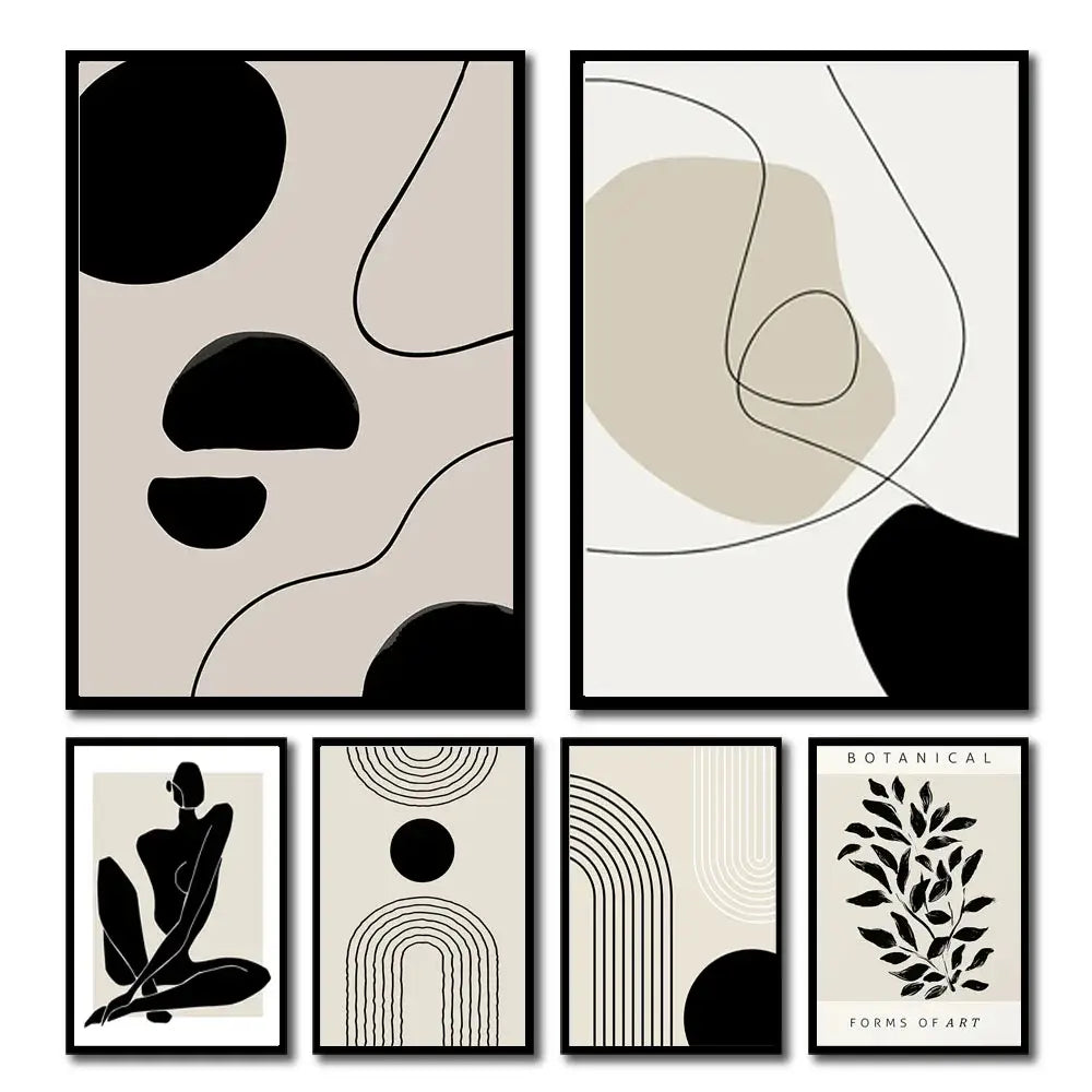 Set of six boho canvas geometric leaf rainbow abstract art prints in black frames on beige and cream backgrounds