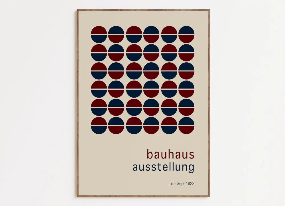 Beige decorbites™ mid century bauhaus canvas wall art with red and navy blue halved circles in light wood frame