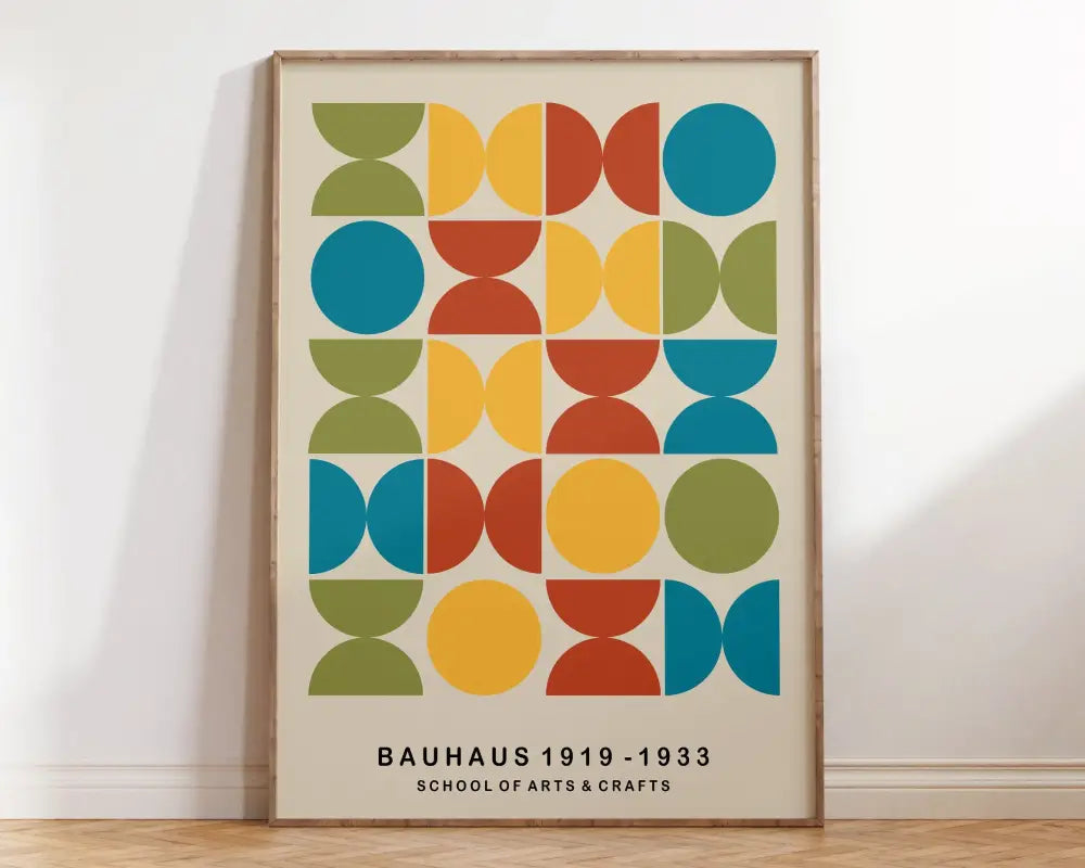 A framed decorbites™ mid century canvas print featuring a geometric mid century pattern with teal yellow and olive green circles