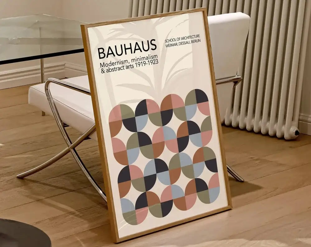 A framed DecorBites™ geometric mid century canvas wall art with overlapping circles in pastel earthy tones