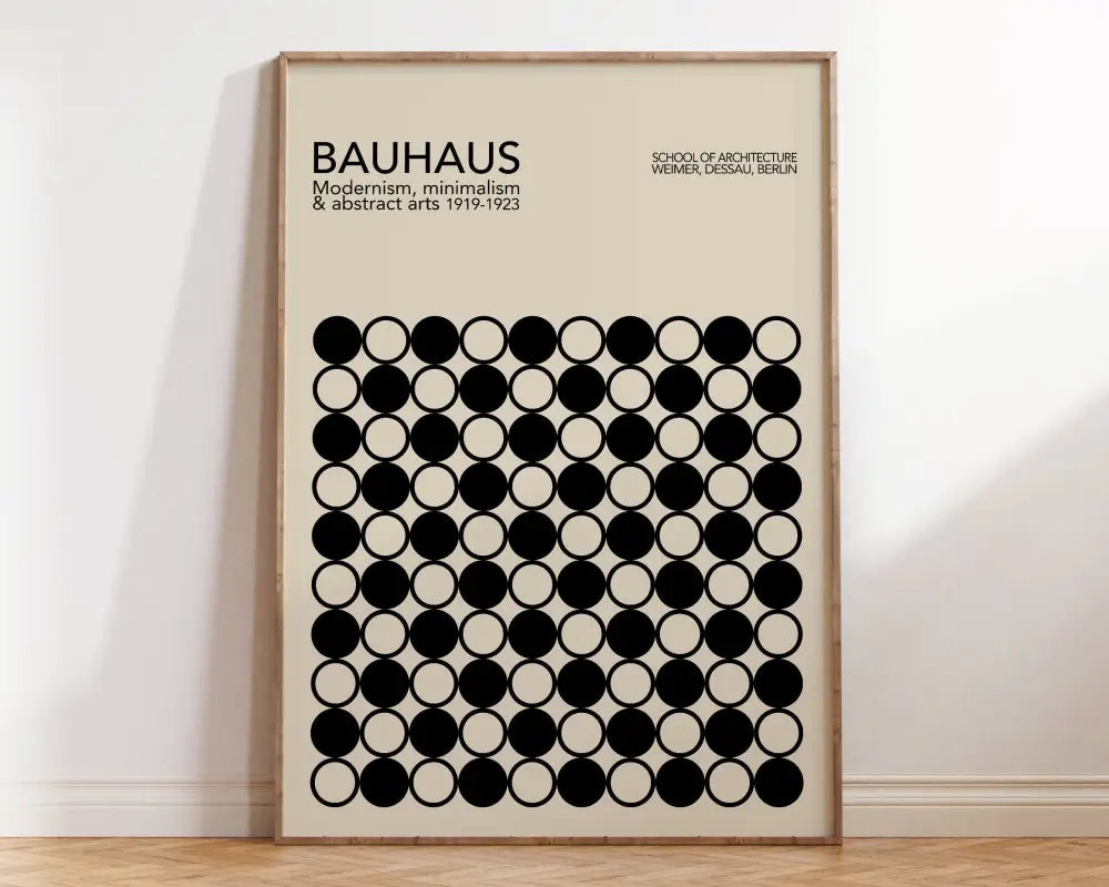 Decorbites™ geometric mid century canvas wall art with bold black and cream circles in a light wood frame