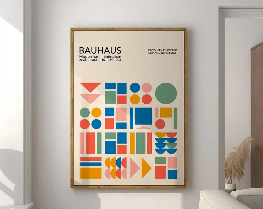 A framed decorbites™ geometric mid-century canvas wall art print with colorful shapes on an off-white background