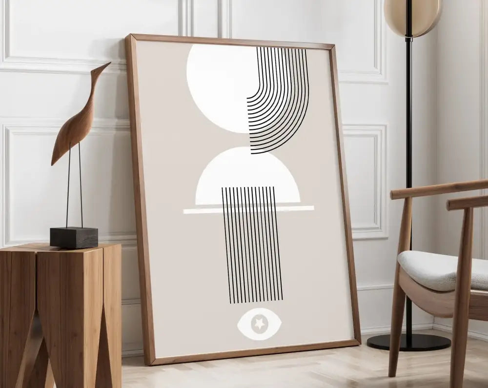 DecorBites™ geometric canvas poster with beige background white shapes and black lines in light wood frame wall art