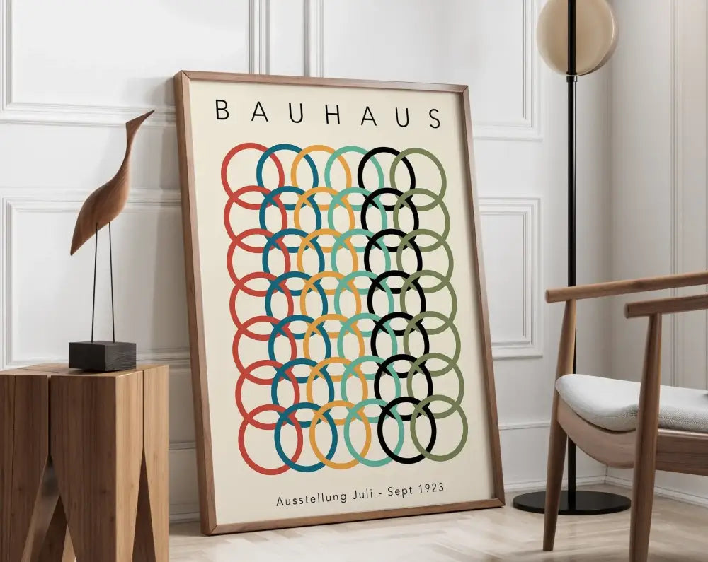 A framed decorbites™ geometric modernist canvas art print with overlapping red teal yellow black and olive circles on off-white