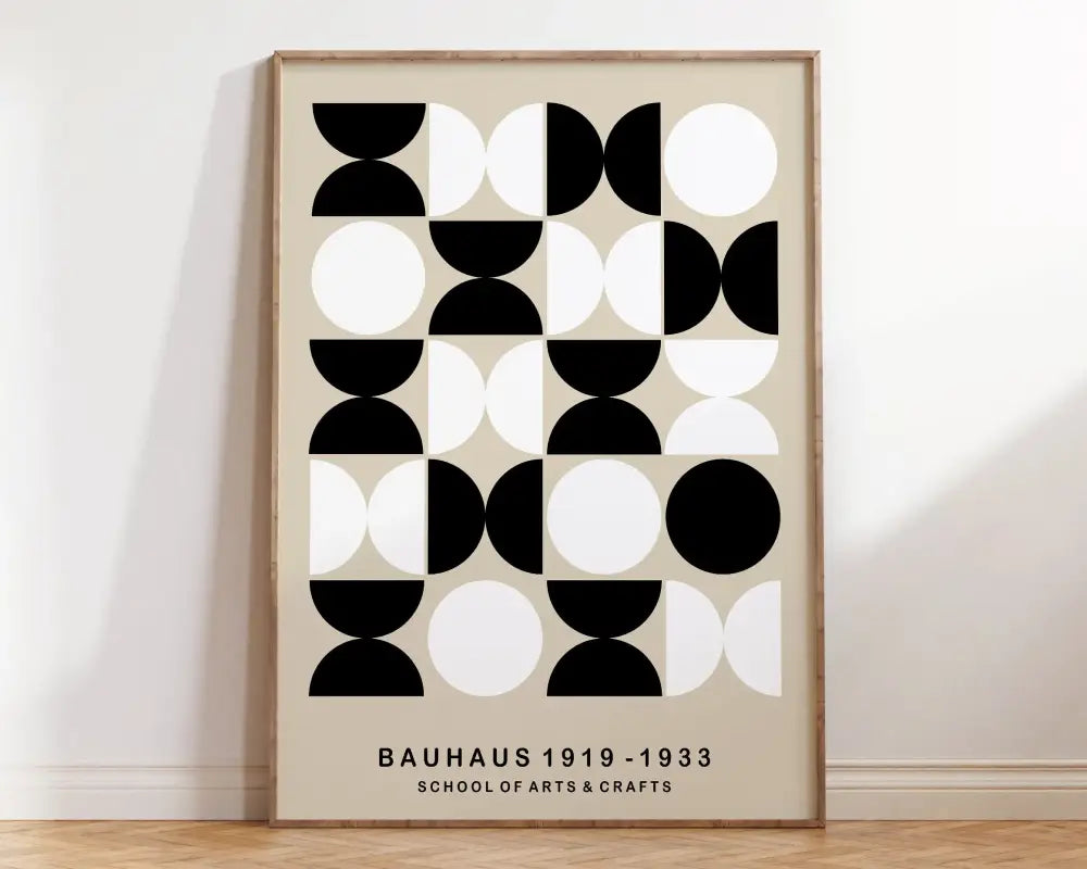 Decorbites™ geometric modernist canvas poster with black and white circles on beige in a light wood frame