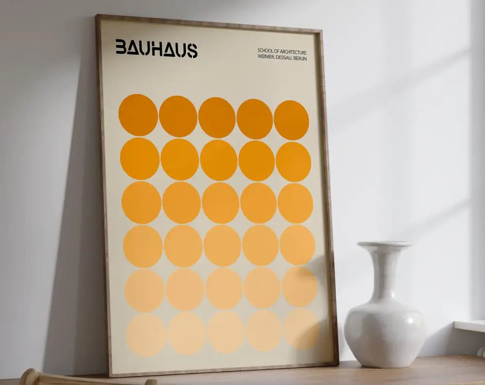Decorbites™ geometric modernist canvas art print featuring bold black text and orange circles on off-white wood frame
