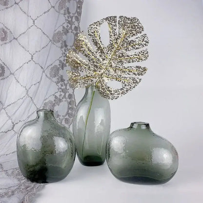 DecorBites™ geometric zen glass vase set of three dark green matte textured glass vases for single flower arrangement
