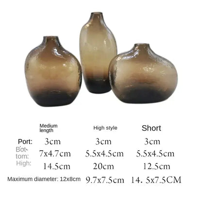 Set of three amber gradient glass vases with textured rounded bodies and darkened bases for geometric zen glass single flower arrangement