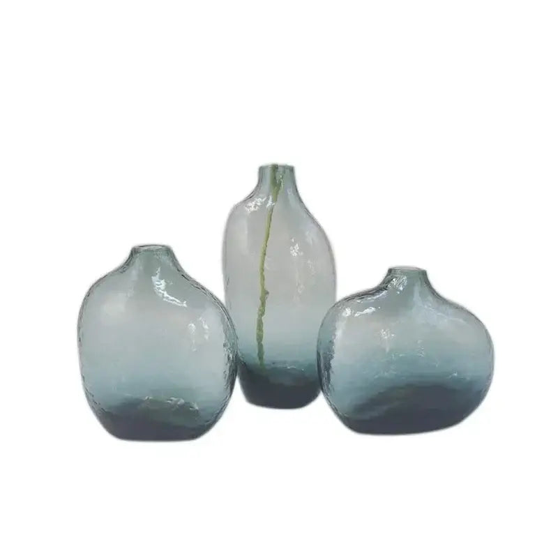 Set of three decorbites™ geometric zen glass vases with gradient blue tones for single flower arrangement