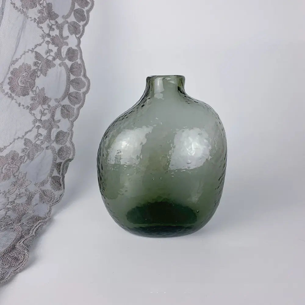 DecorBites™ geometric zen glass vase in textured olive green for single flower arrangement with rounded body and narrow neck