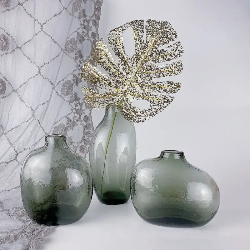 DecorBites matte smoky green geometric zen glass vase set with textured surface for single flower arrangement