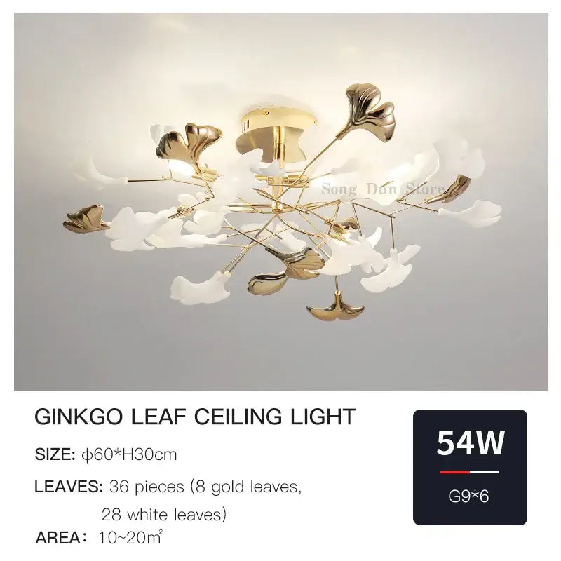 DecorBites ginkgo leaf ceiling light with gold and white branching arms for elegant ginkgo leaf bedroom decor