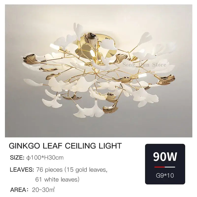 Elegant gold and white DecorBites ginkgo leaf bedroom lamp with delicate branching stems for minimalist ceiling light design