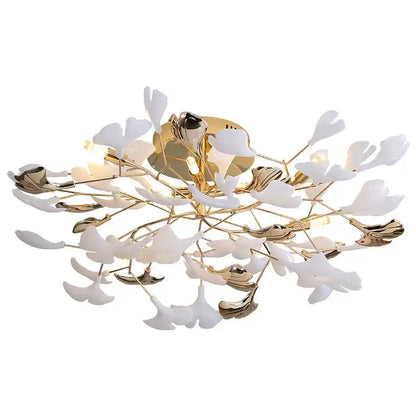 A modern decorbites ginkgo leaf bedroom lamp featuring white and gold leaf accents in a minimalist floral design ceiling light
