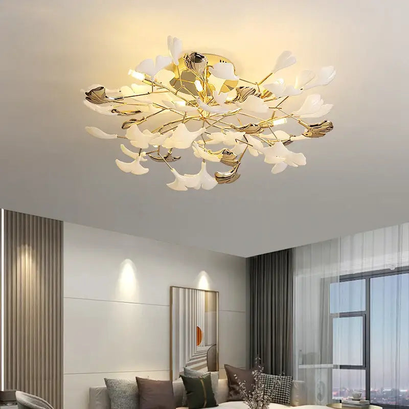 Gold-toned DecorBites Ginkgo Leaf bedroom lamp ceiling light with delicate white and metallic leaf-shaped accents