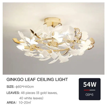Elegant decorbites ginkgo leaf bedroom lamp with 48 white and gold leaves minimalist ceiling light